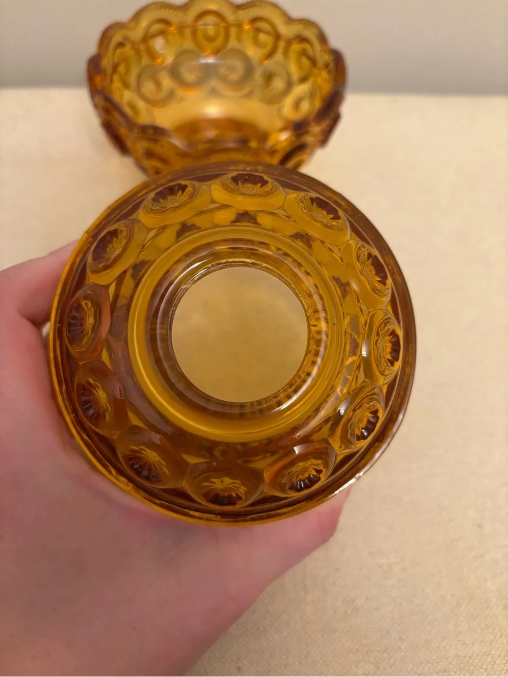 VTG MCM  L.E. SMITH AMBER GLASS MOON & STARS FAIRY LAMP 6 1/4